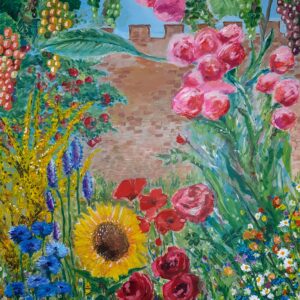 FLOWERS BEHIND A BRICK WALL