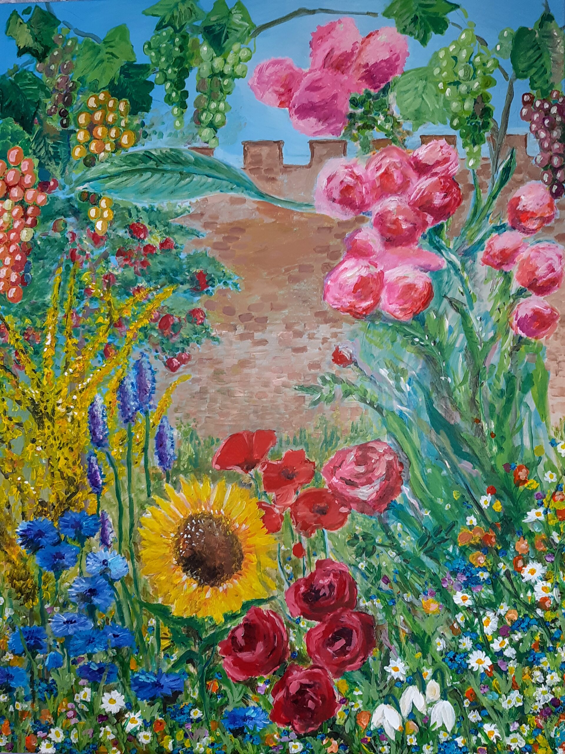 FLOWERS BEHIND A BRICK WALL